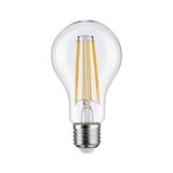 Klassische LED-Glühbirne mit transparentem Glas und sichtbaren orangen Filamenten für energiesparende Beleuchtung
