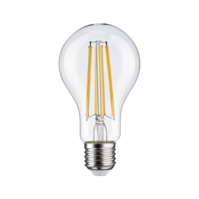 Classic LED light bulb with clear glass and visible orange filaments for energy-efficient lighting