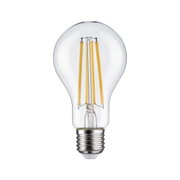 Classic LED light bulb with clear glass and visible orange filaments for energy-efficient lighting