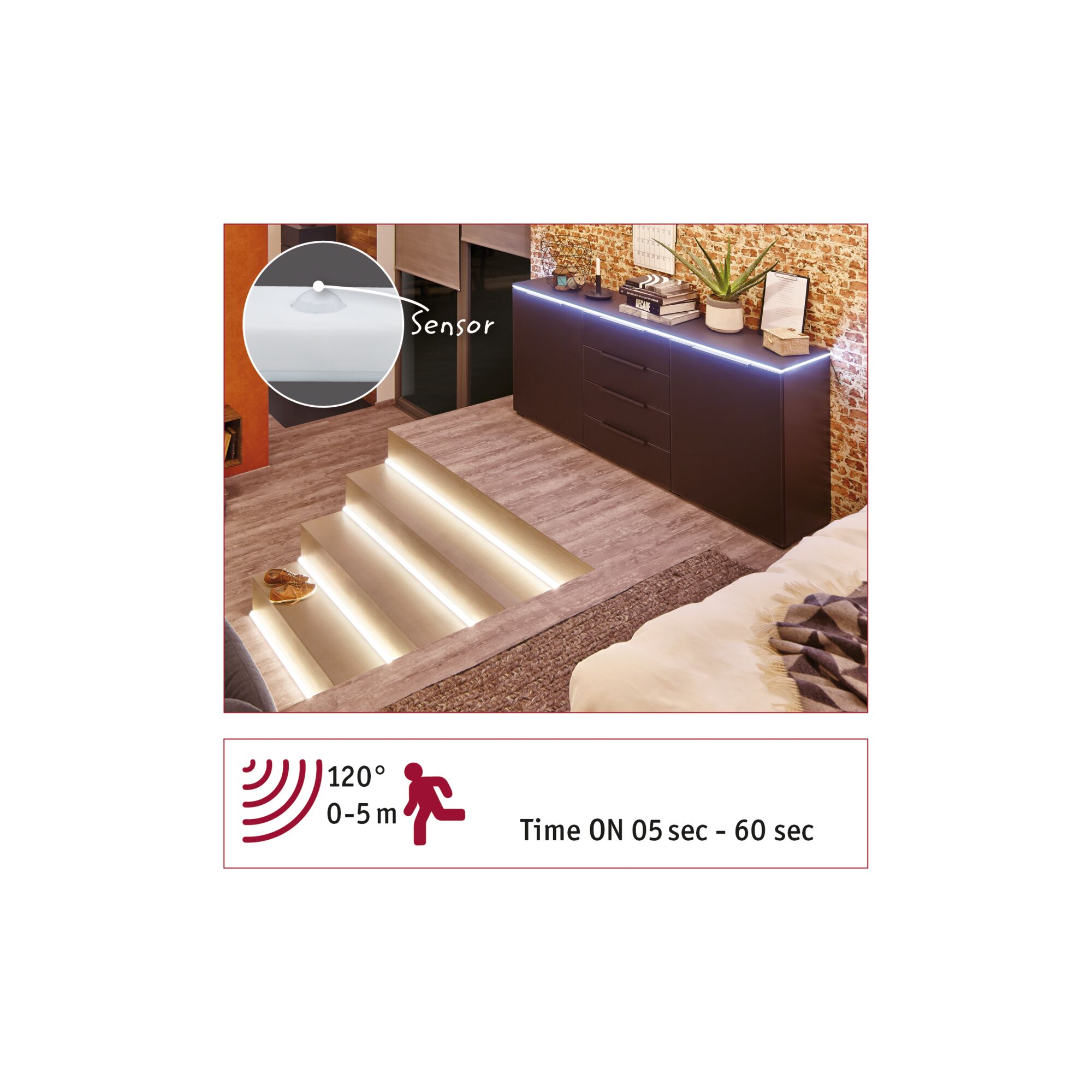 LED stair lighting with motion sensor and warm white light for safe indoor step illumination