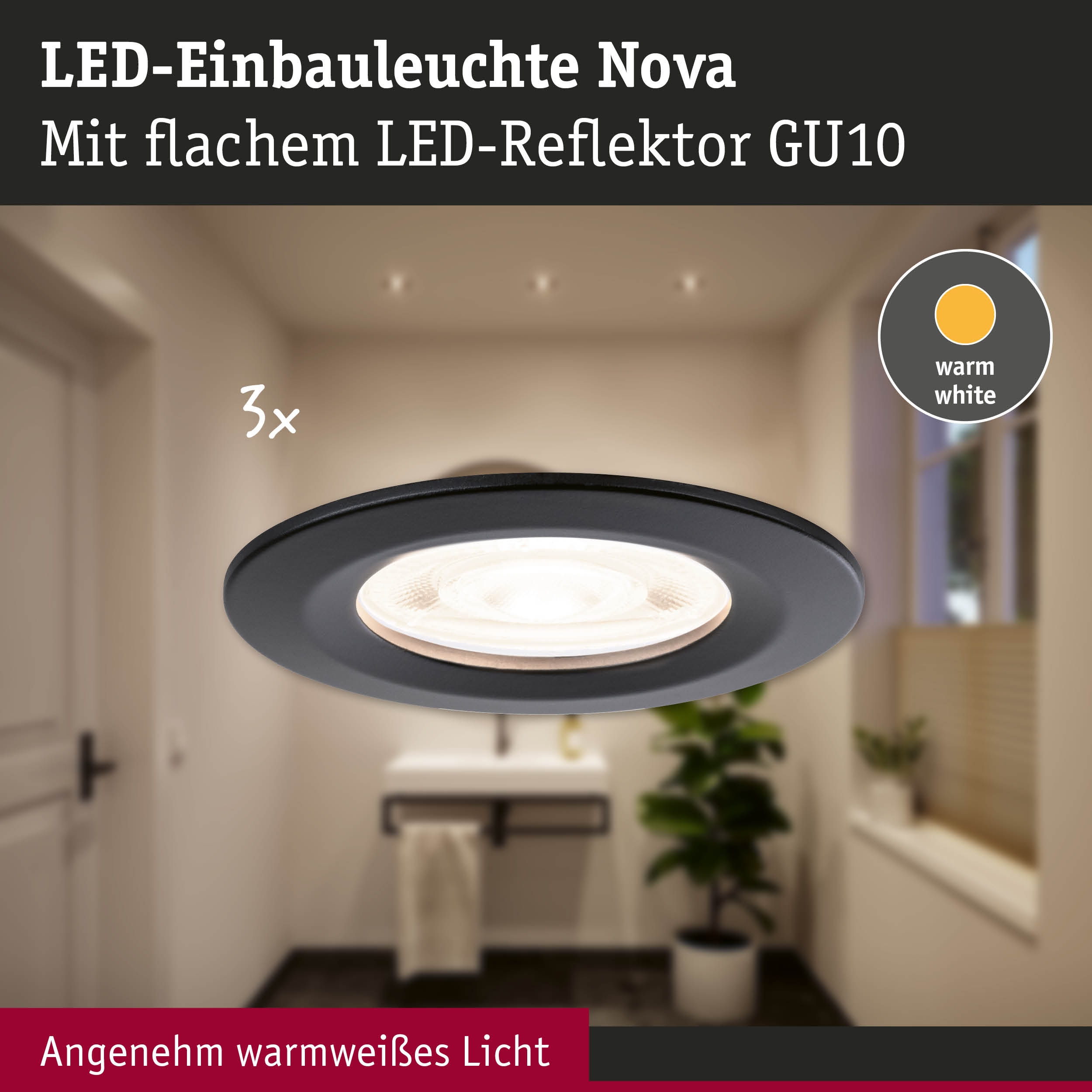 LED-Einbauleuchte Nova in Schwarz mit flachem LED-Reflektor und warmweißem Licht für Wohnräume
