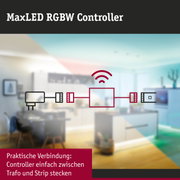 MaxLED RGBW Controller Grafik zeigt praktische Verbindung zwischen Trafo und LED-Strip im Wohnzimmer