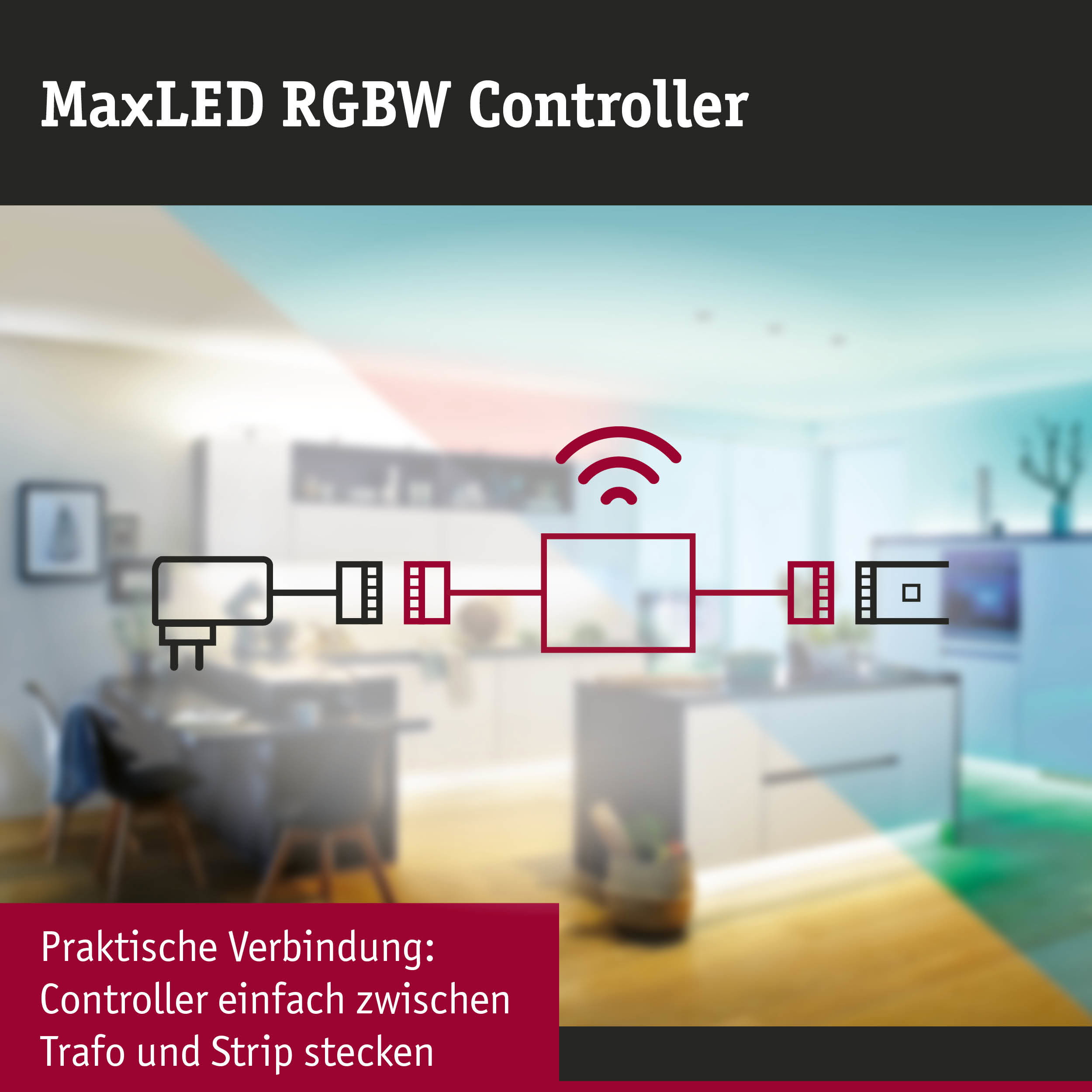 MaxLED RGBW Controller Grafik zeigt praktische Verbindung zwischen Trafo und LED-Strip im Wohnzimmer