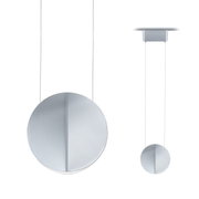 Runde Pendelleuchte aus silbernem Metall mit minimalistischer Optik und dünnen Aufhängeseilen