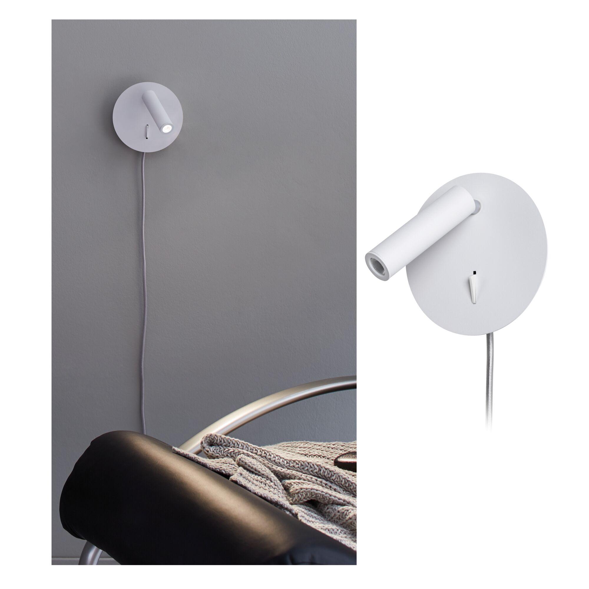 Moderner weißer LED-Wandleuchter aus Metall mit schwenkbarem Spot und Schalter für Wohnraumbeleuchtung