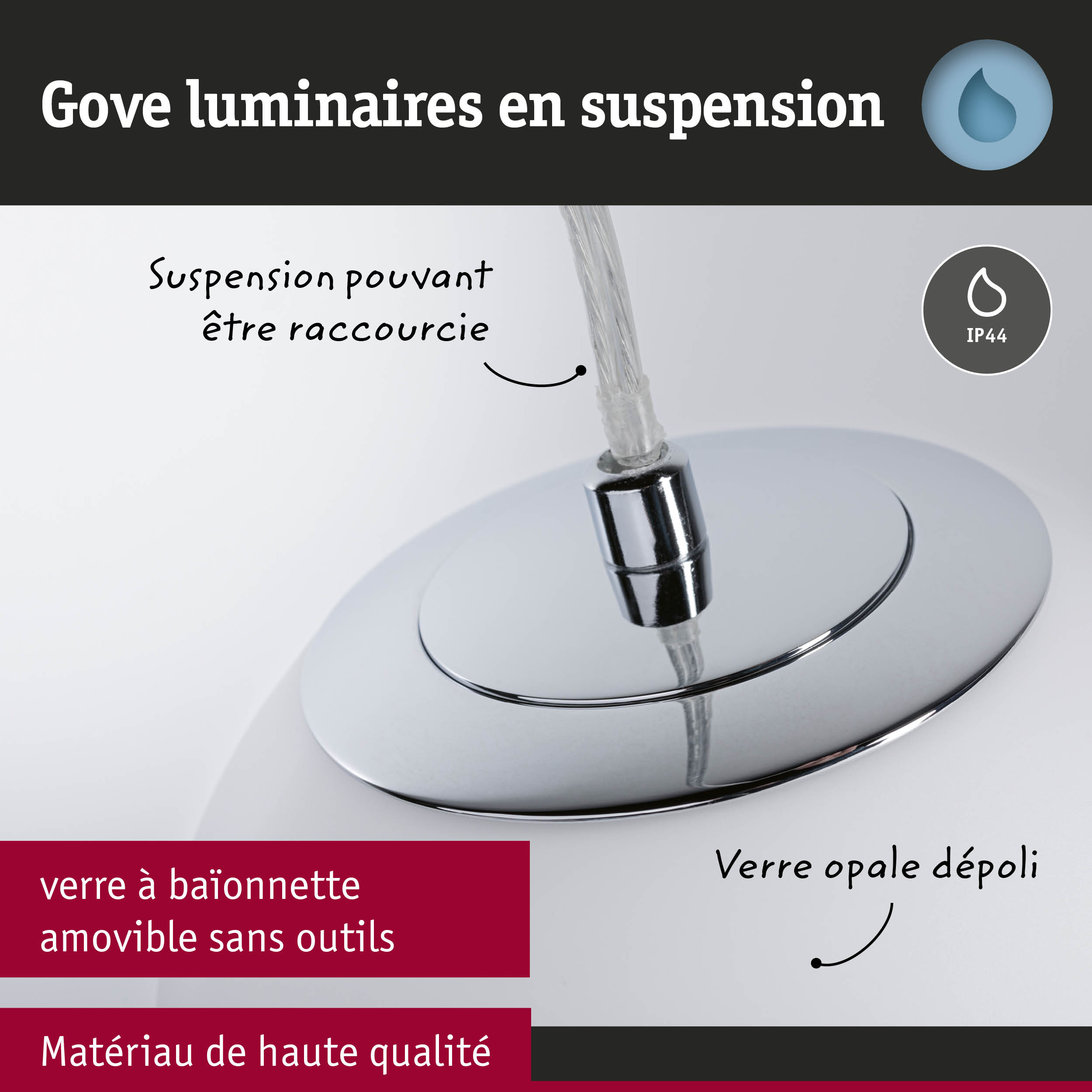 Luminaire suspendu de haute qualité en verre opale et matériau chromé, indice IP44 pour salle de bain