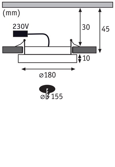 Schéma technique d'un spot encastré de 180 mm de diamètre avec connexion 230V, dimensions en mm.