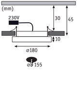 Technische tekening van inbouwlamp met 180 mm diameter en 230V aansluiting, afmetingen in mm.