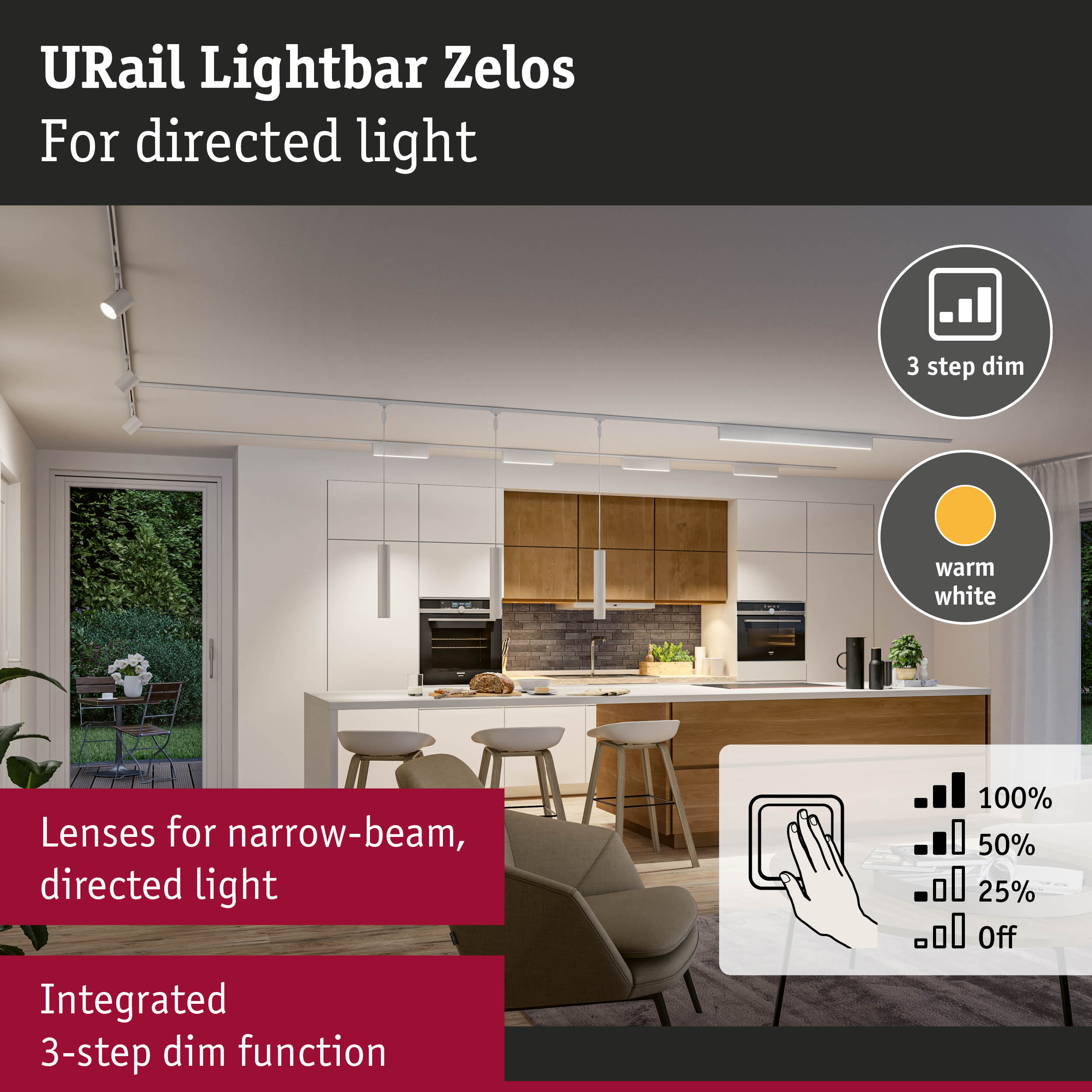 URail Lightbar Zelos white track light with 3-step dim function for directed lighting in modern kitchen