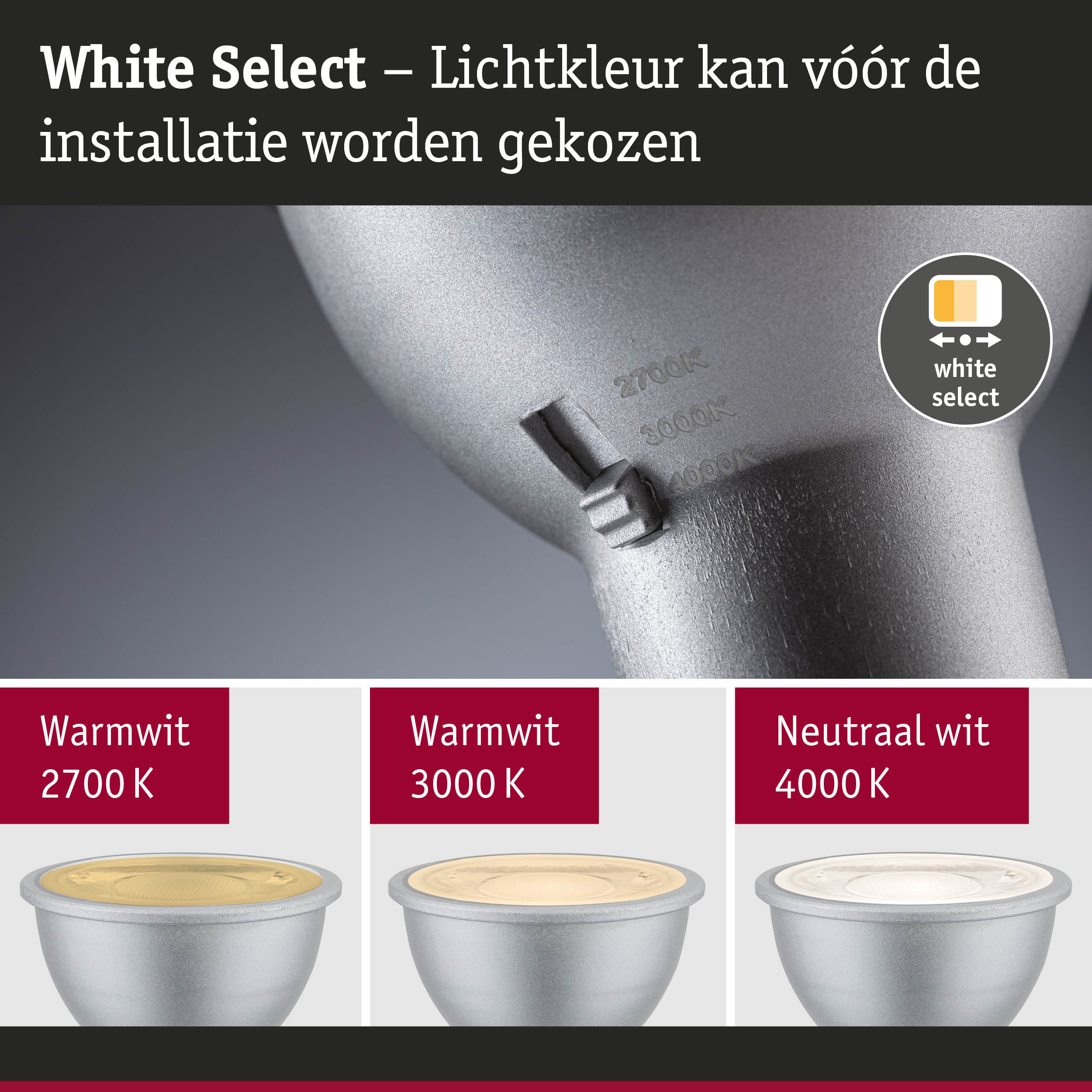 Witte metalen LED-spot met instelbare lichtkleur van 2700K tot 4000K voor woonverlichting