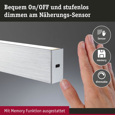 Silberner LED-Leuchtbalken aus Aluminium mit Näherungssensor und Memory-Funktion zum stufenlosen Dimmen