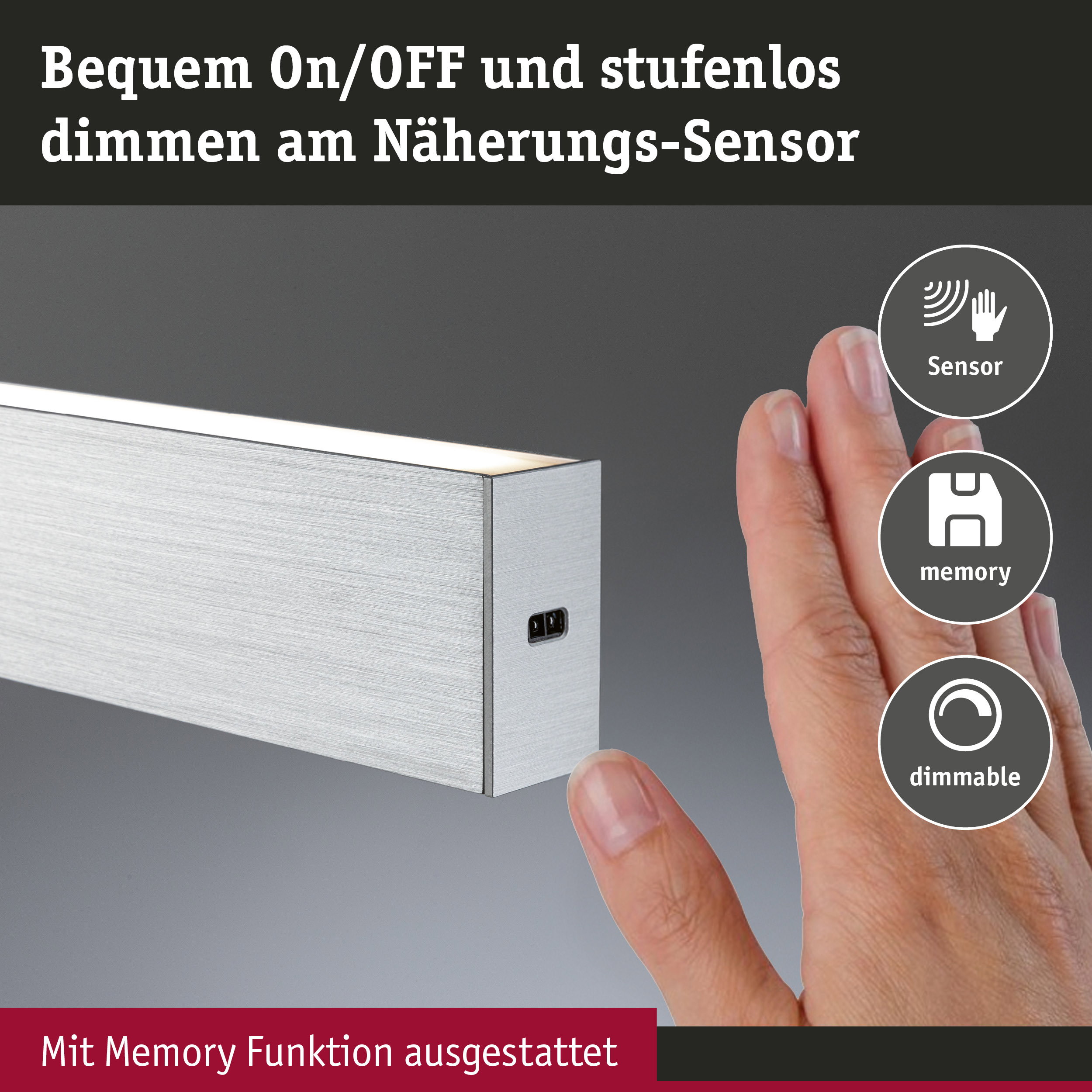 Silberner Aluminium-Wandlicht mit Näherungssensor und Memory-Funktion zum stufenlosen Dimmen