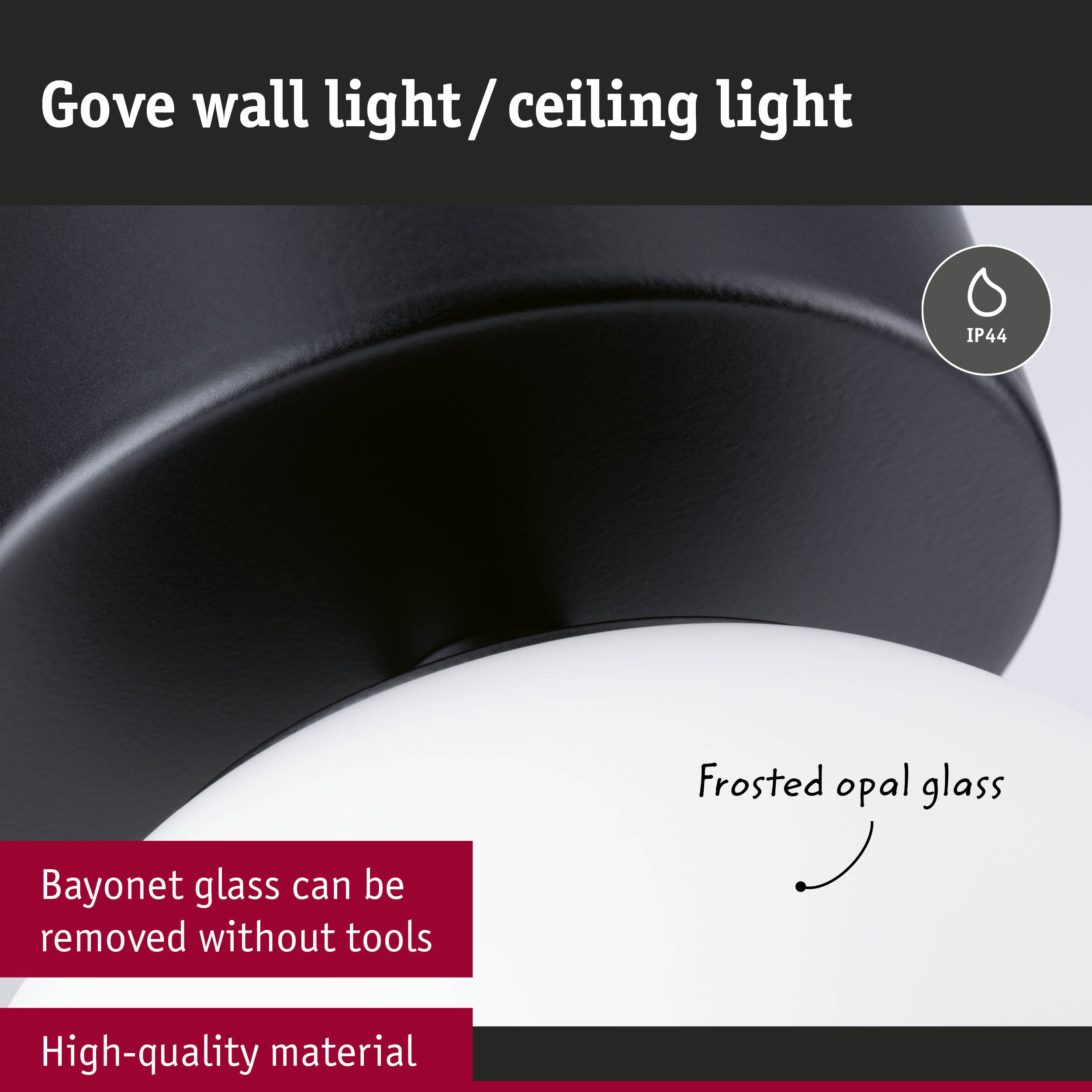 Gove wall and ceiling light with black housing and frosted opal glass, IP44 rated for outdoor use