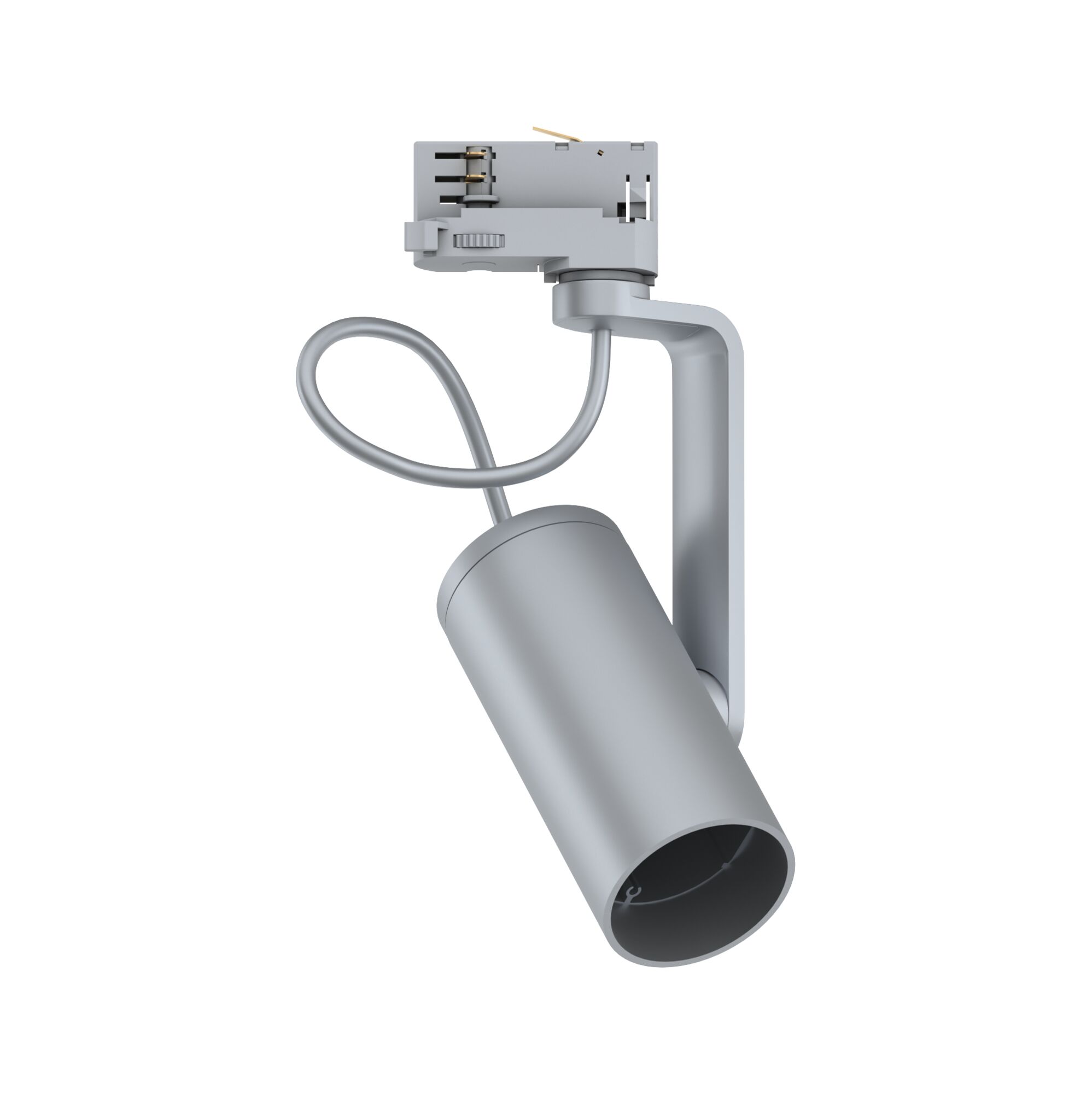 Grauer LED-Spot aus Metall mit flexiblem Kabel und Schienenadapter für moderne Beleuchtungssysteme