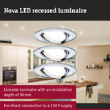 Nova LED recessed luminaire in chrome with 90 mm installation depth for direct 230V connection