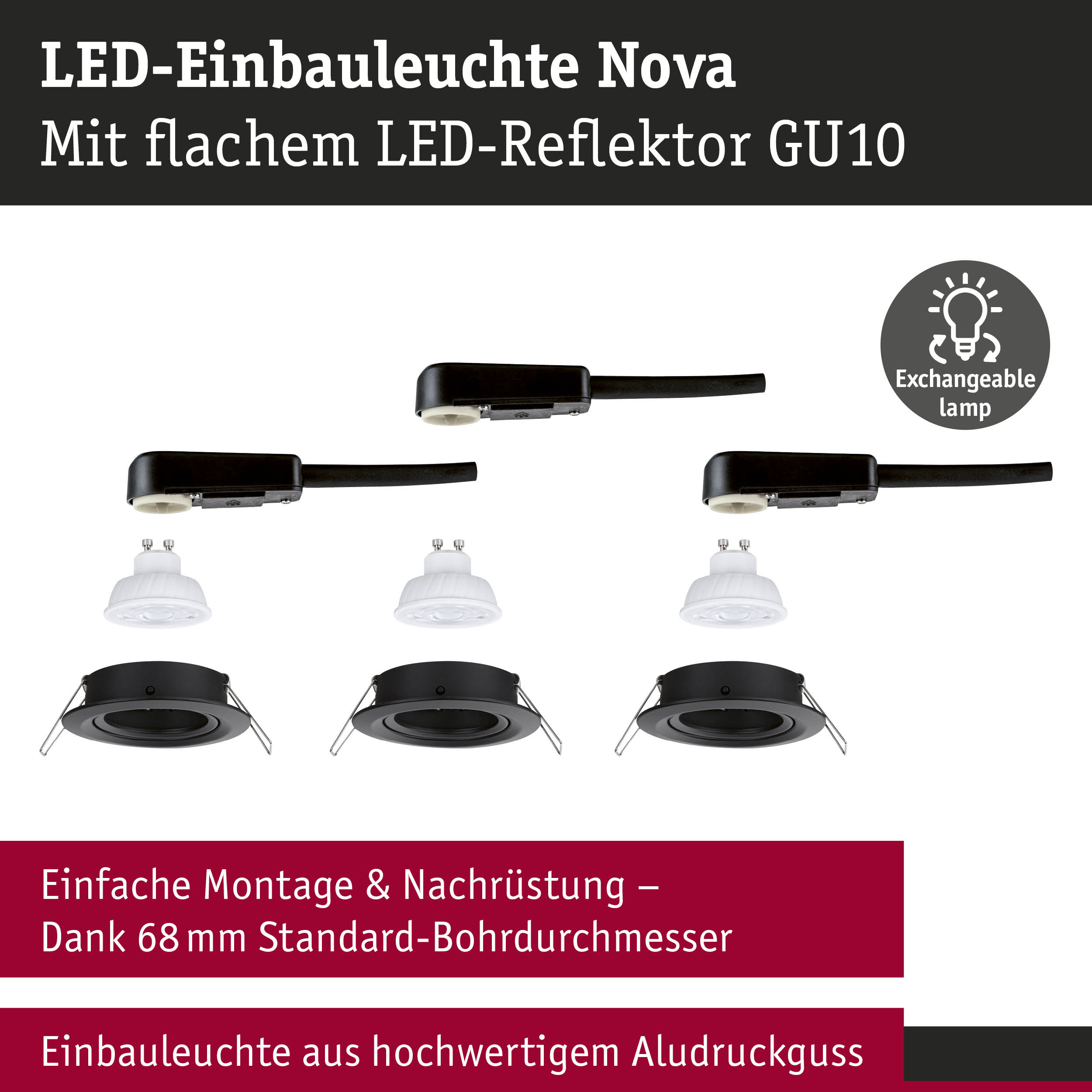 LED-Einbauleuchte Nova mit flachem GU10 LED-Reflektor in Schwarz aus Aludruckguss für einfache Montage