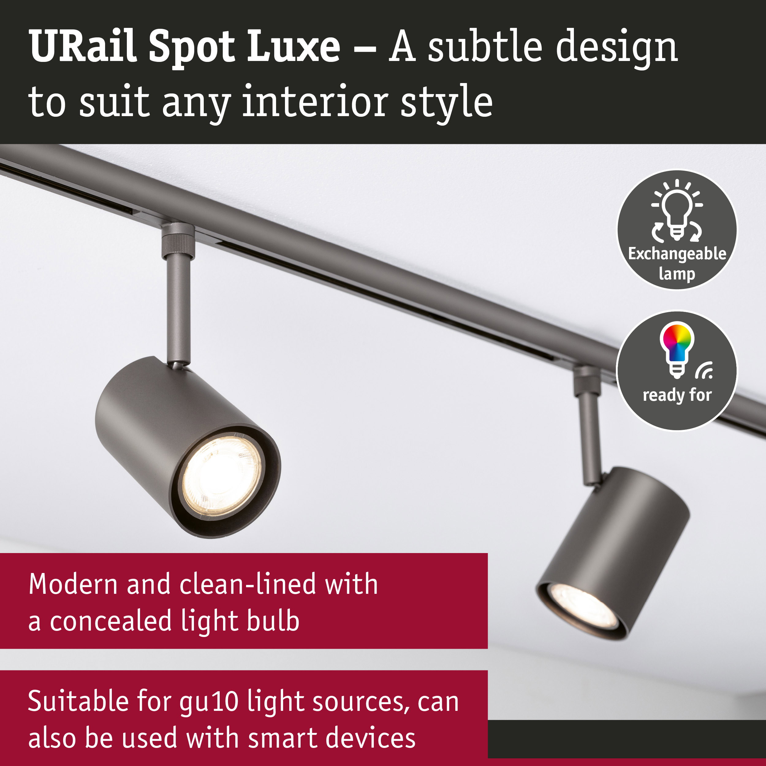 URail Rail spot Luxe GU10 max. 10W dimmable 230V Titanium