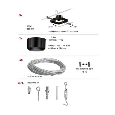 Technical drawing of black LED cable system with transformer and mounting kit for distances up to 5 meters
