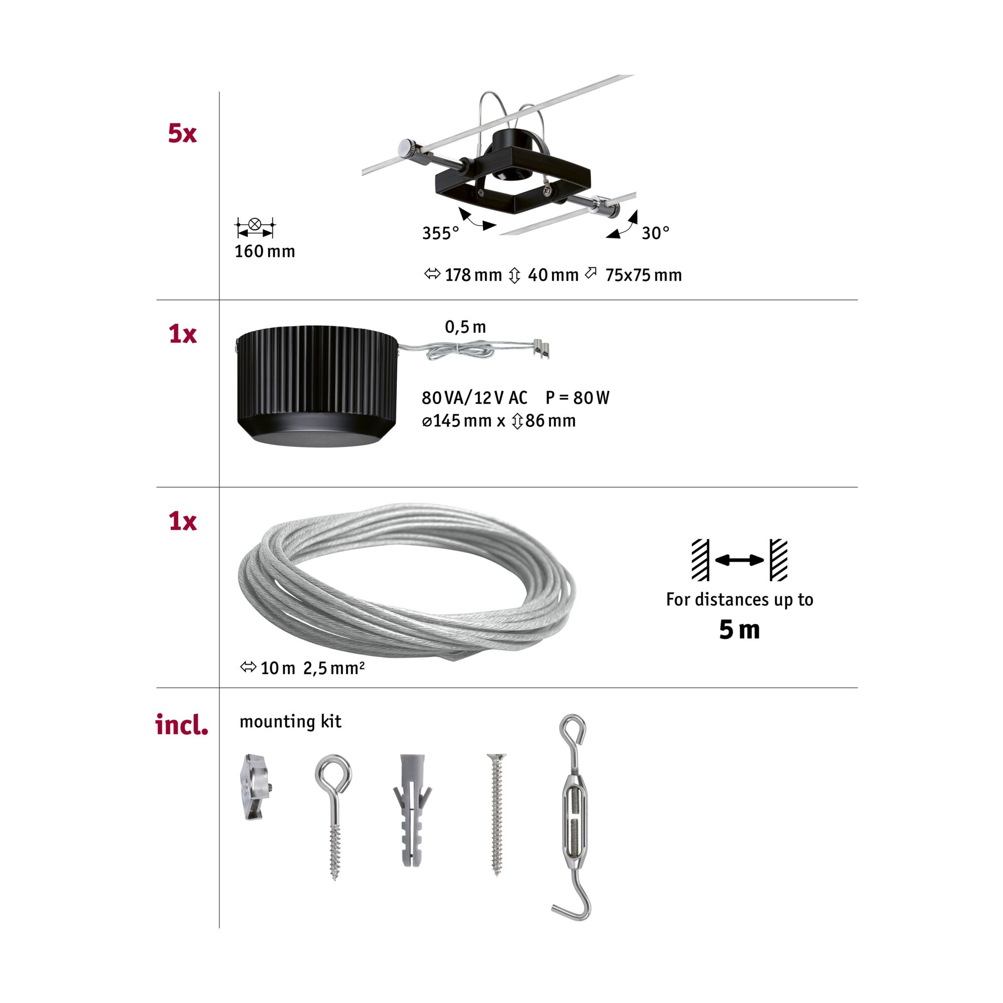 Technical drawing of black LED cable system with transformer and mounting kit for distances up to 5 meters