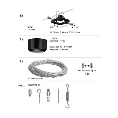 Technical drawing of black LED cable system with transformer and mounting kit for distances up to 5 meters