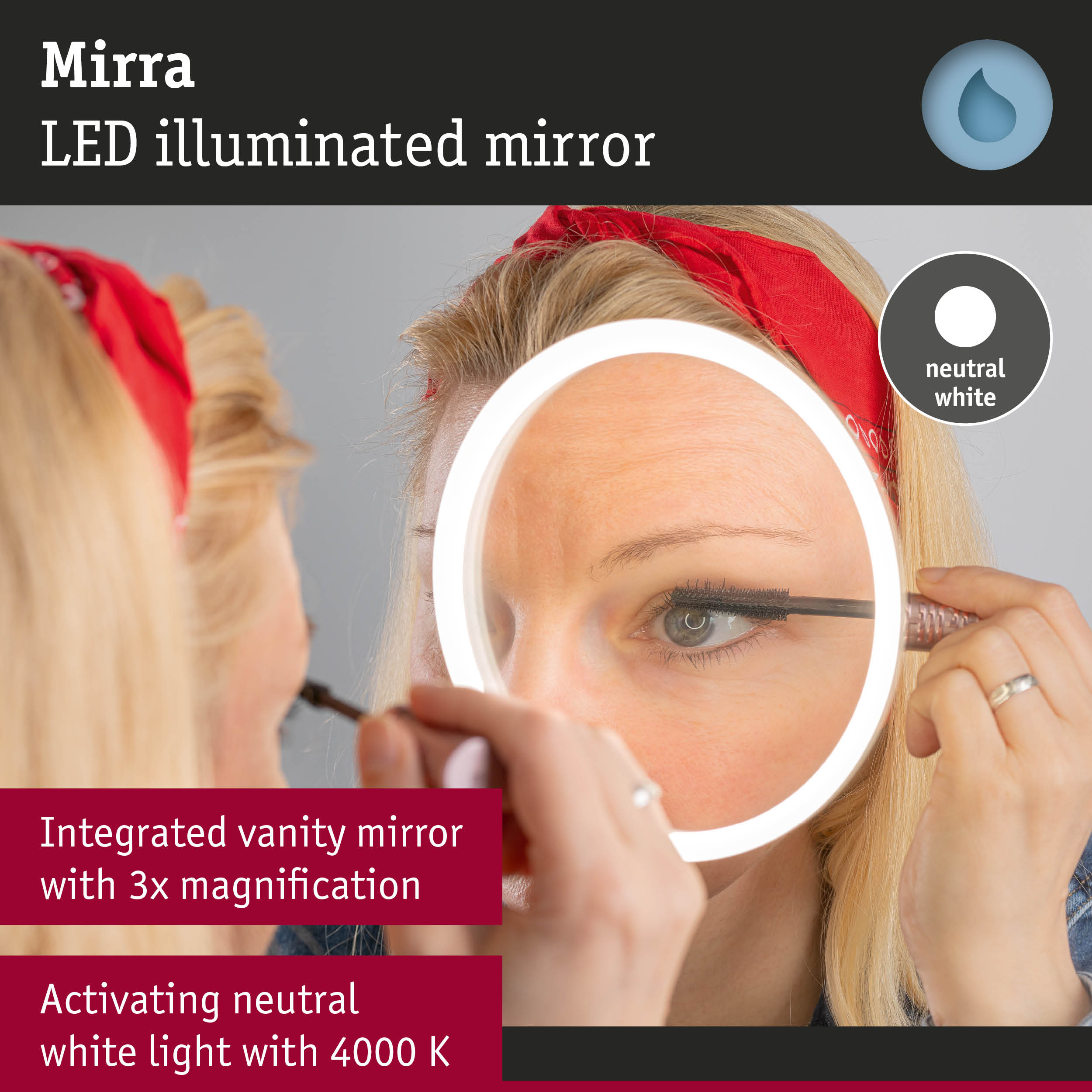 Mirra LED illuminated vanity mirror with 3x magnification and neutral white light for makeup