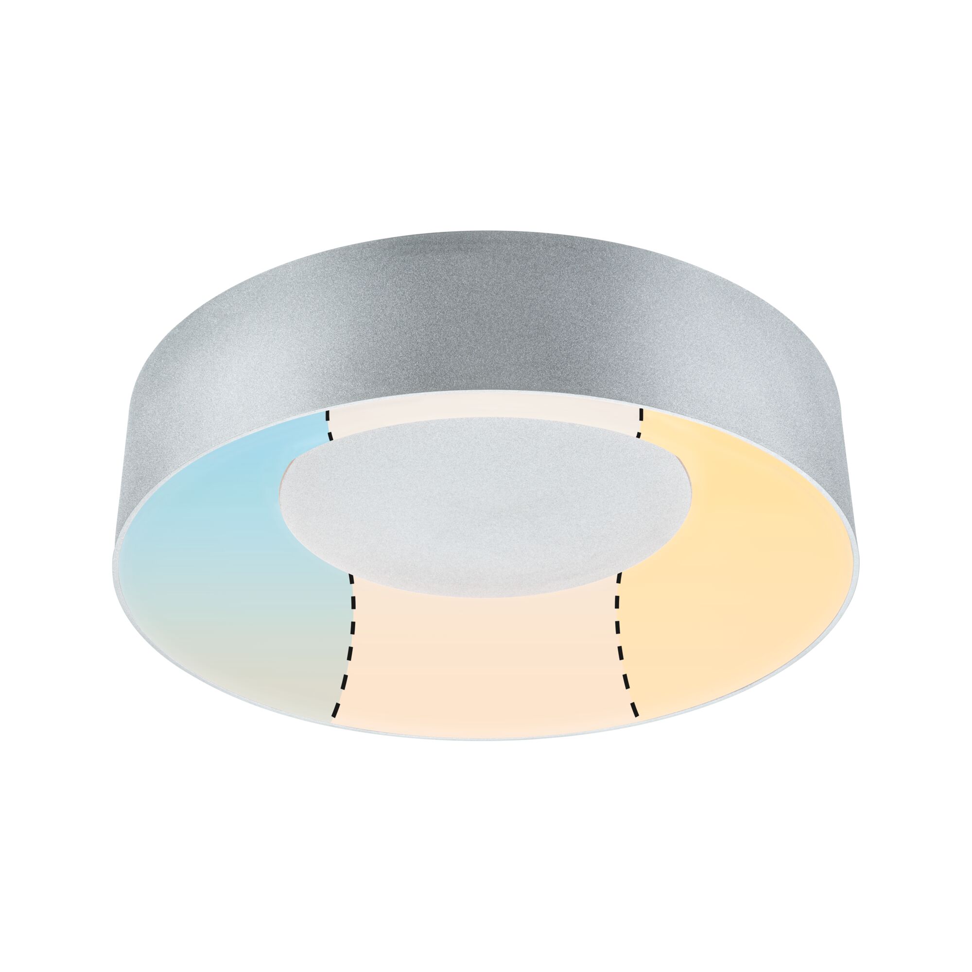 Round ceiling light in silver metal with adjustable warm and cool white LED lighting