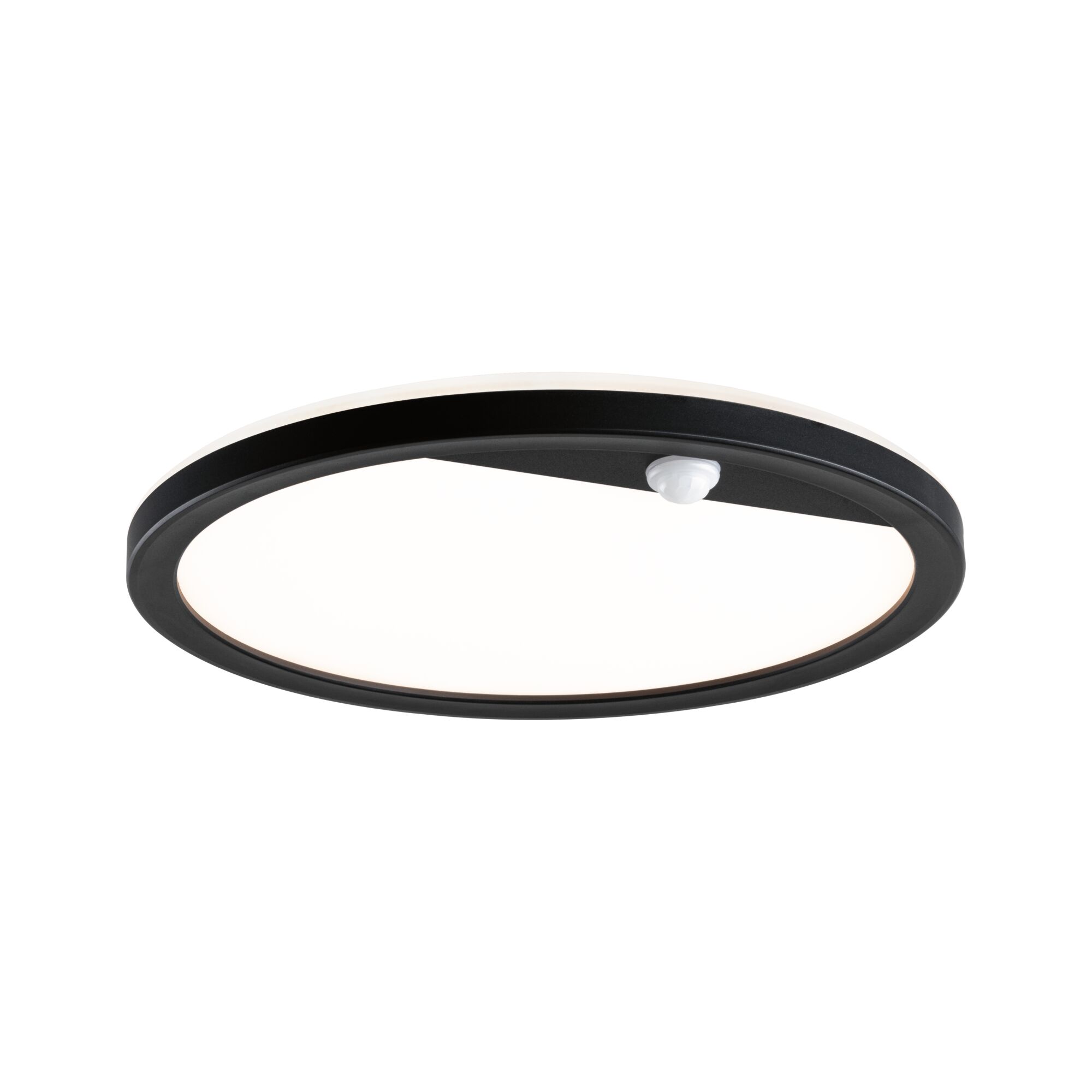 Round black LED ceiling light with white diffuser and built-in motion sensor