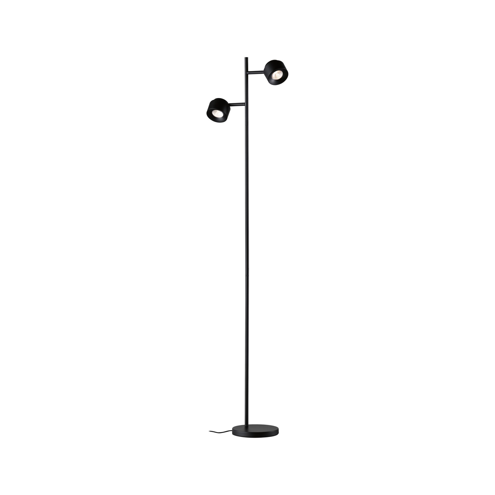 Black metal floor lamp with two adjustable spotlights for modern home lighting
