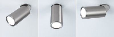 Three adjustable LED ceiling spotlights in brushed stainless steel for modern indoor lighting