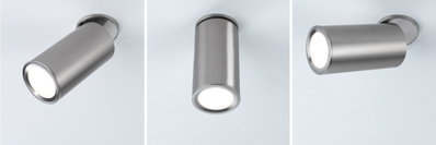 Three adjustable LED ceiling spotlights in brushed stainless steel for modern indoor lighting