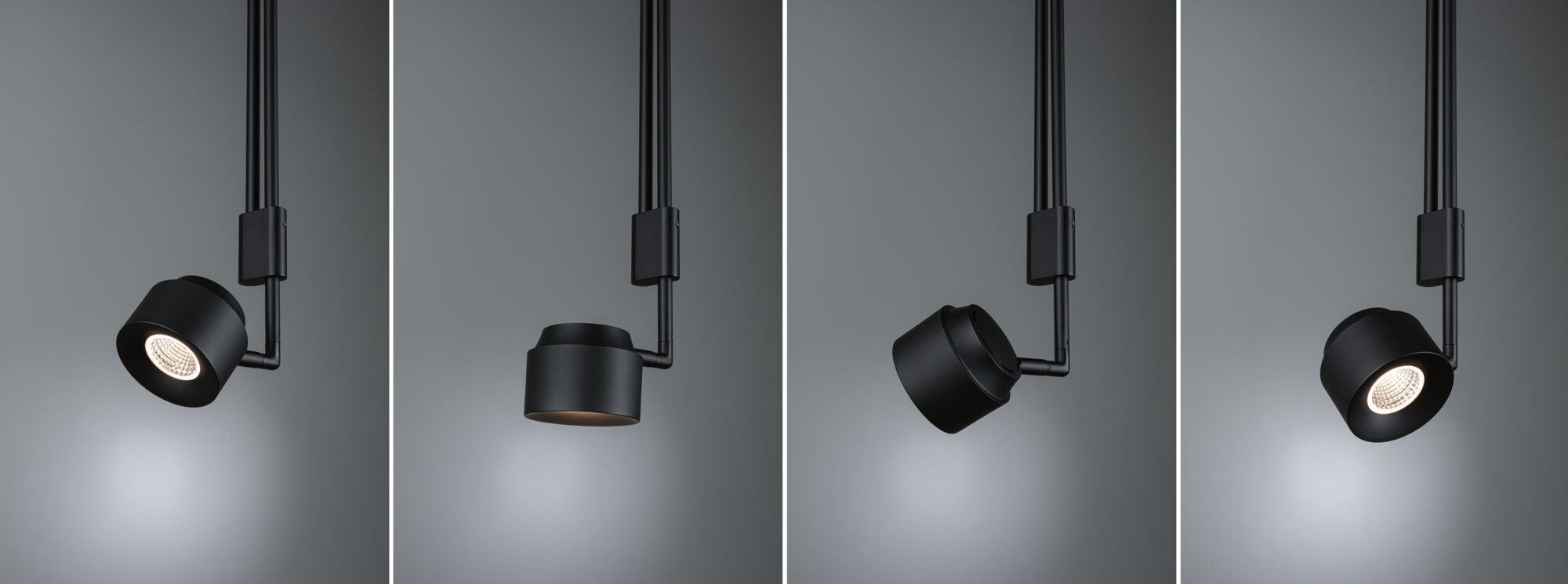 Four views of a black metal LED spotlight with adjustable head for accent lighting in interiors.