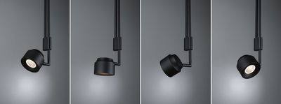 Four views of a black metal LED spotlight with adjustable head for accent lighting in interiors.