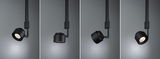 Four views of a black metal LED spotlight with adjustable head for accent lighting in interiors.