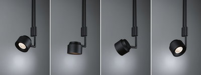Four views of a black metal LED spotlight with adjustable head for accent lighting in interiors.