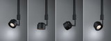 Four views of a black metal LED spotlight with adjustable head for accent lighting in interiors.