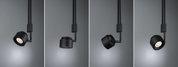 Four views of a black metal LED spotlight with adjustable head for accent lighting in interiors.