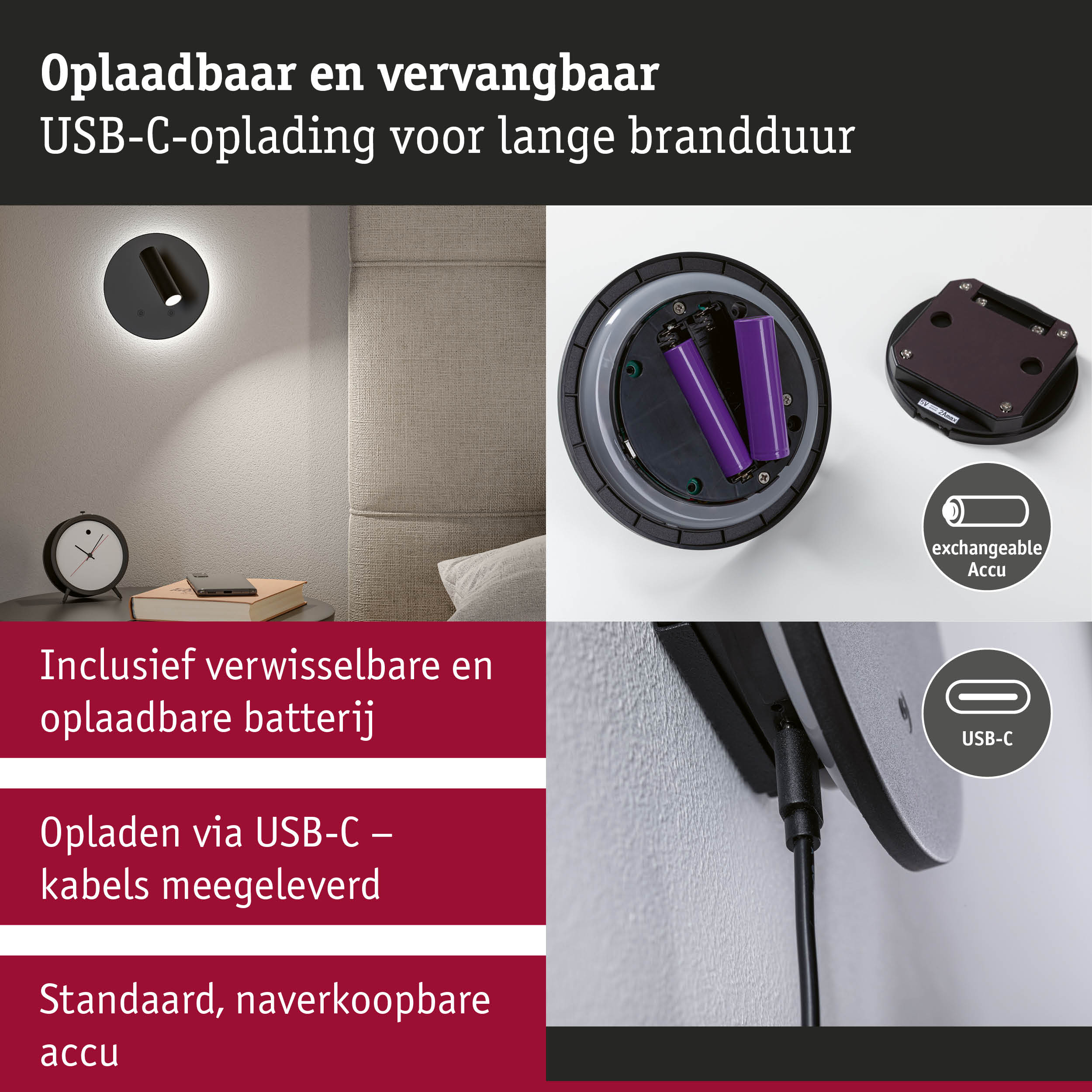 Wandlamp met USB-C opladen en verwisselbare accu voor lange brandduur in slaapkamer