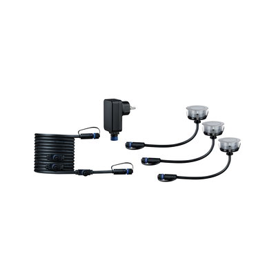 Black LED lighting set with three recessed lights and power adapter for indoor and outdoor use