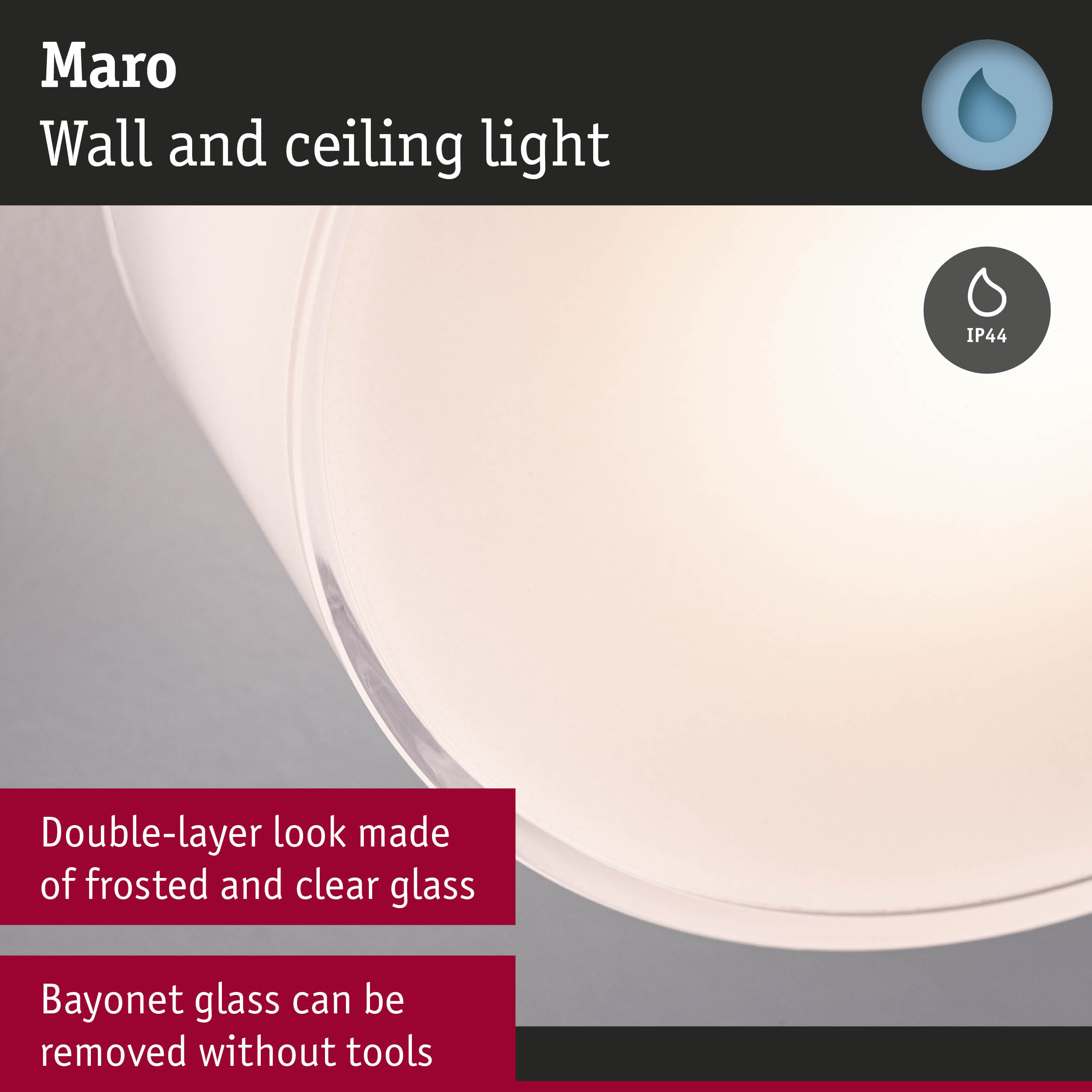Maro wall and ceiling light with double-layer frosted and clear glass, IP44 rated for bathroom lighting