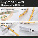 SimLED Full-Line COB LED strip with 384 LEDs/m, adhesive backing, cuttable every 2.1 cm, easy to connect