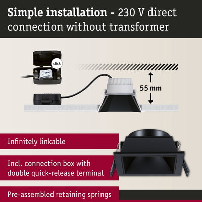 Black LED recessed spotlight with 55 mm depth, connection box and springs for easy 230 V direct installation