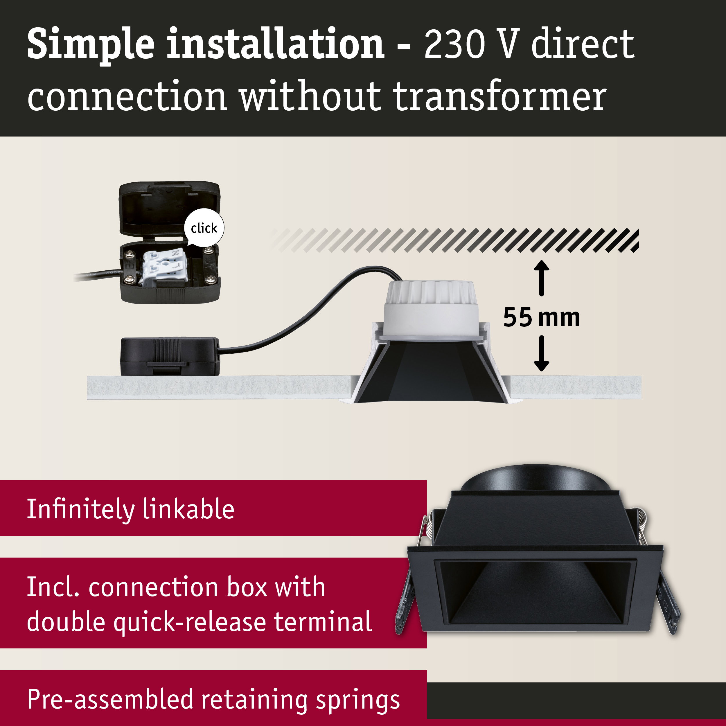 Black recessed spotlight with 55 mm installation depth and connection box for 230 V direct wiring
