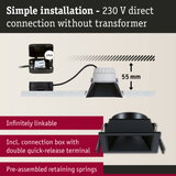 Black recessed spotlight with 55 mm installation depth and connection box for 230 V direct wiring