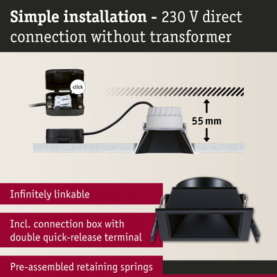 Black recessed spotlight with 55 mm installation depth and connection box for 230 V direct wiring