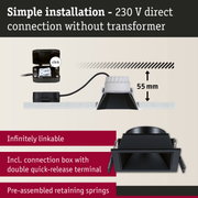 Black recessed spotlight with 55 mm installation depth and connection box for 230 V direct wiring