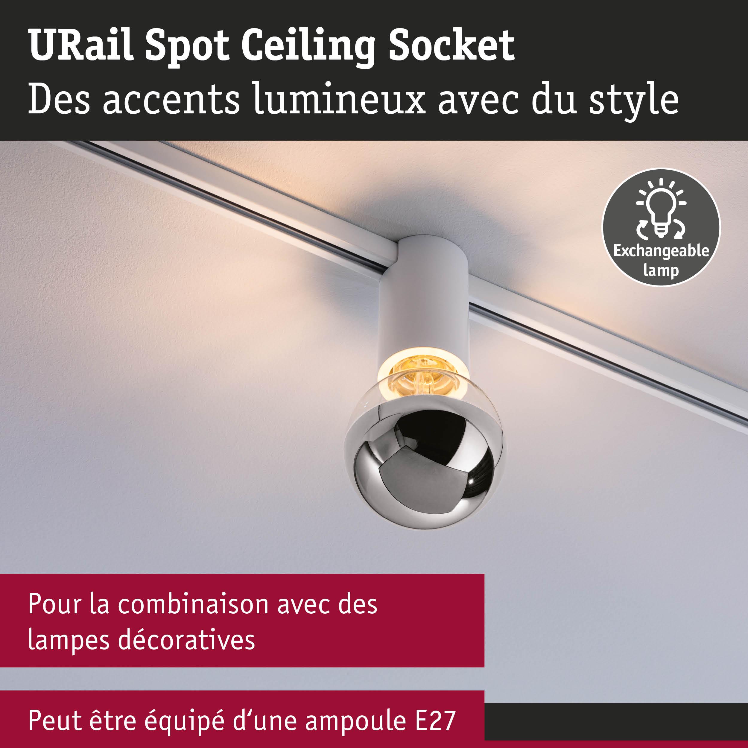 Douille de plafond URail Spot blanche avec lampe interchangeable et douille E27 pour éclairage décoratif