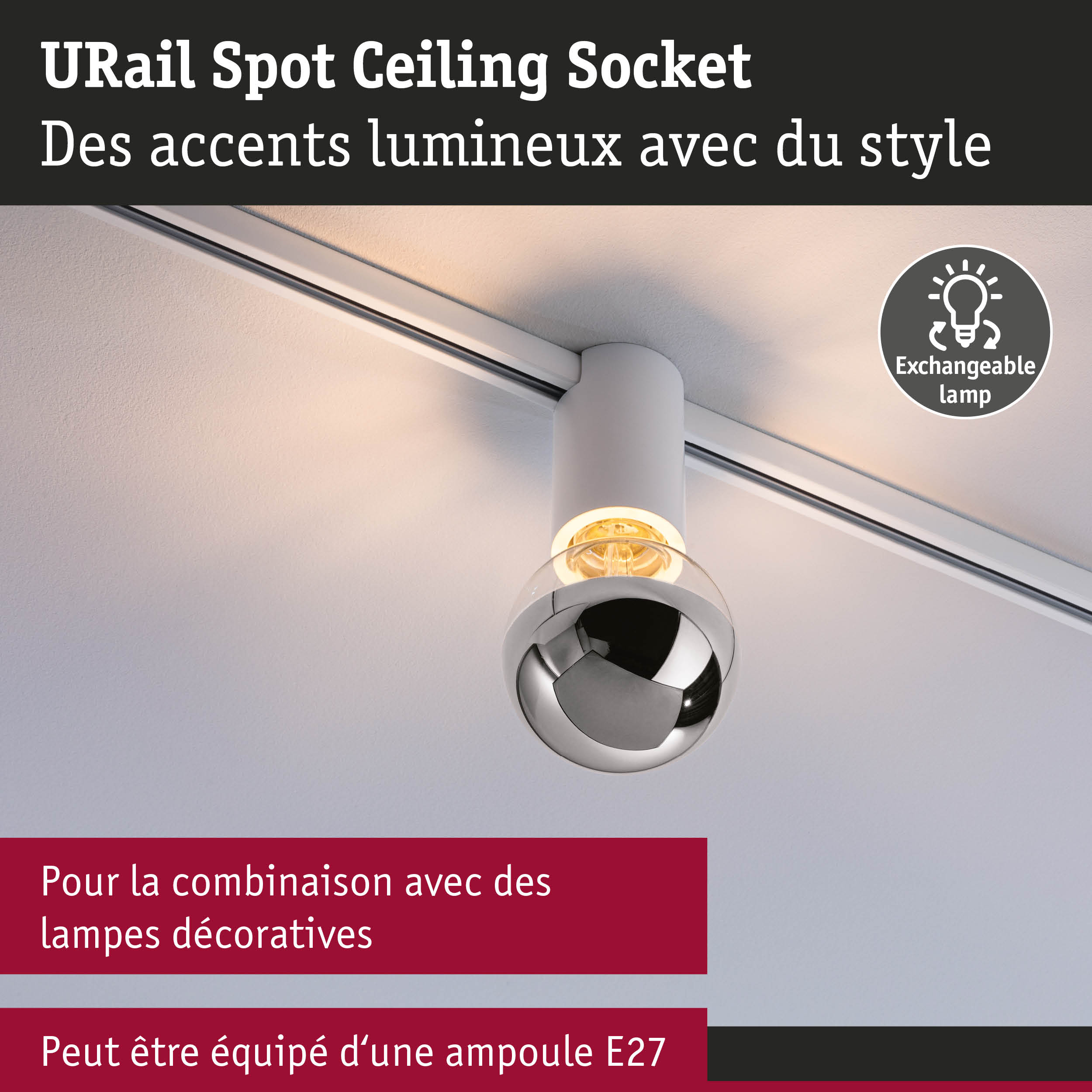 Douille de plafond URail Spot blanche avec lampe interchangeable et douille E27 pour éclairage flexible