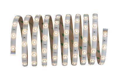 Flexible LED strip light with warm white LEDs and adhesive backing for versatile lighting solutions.