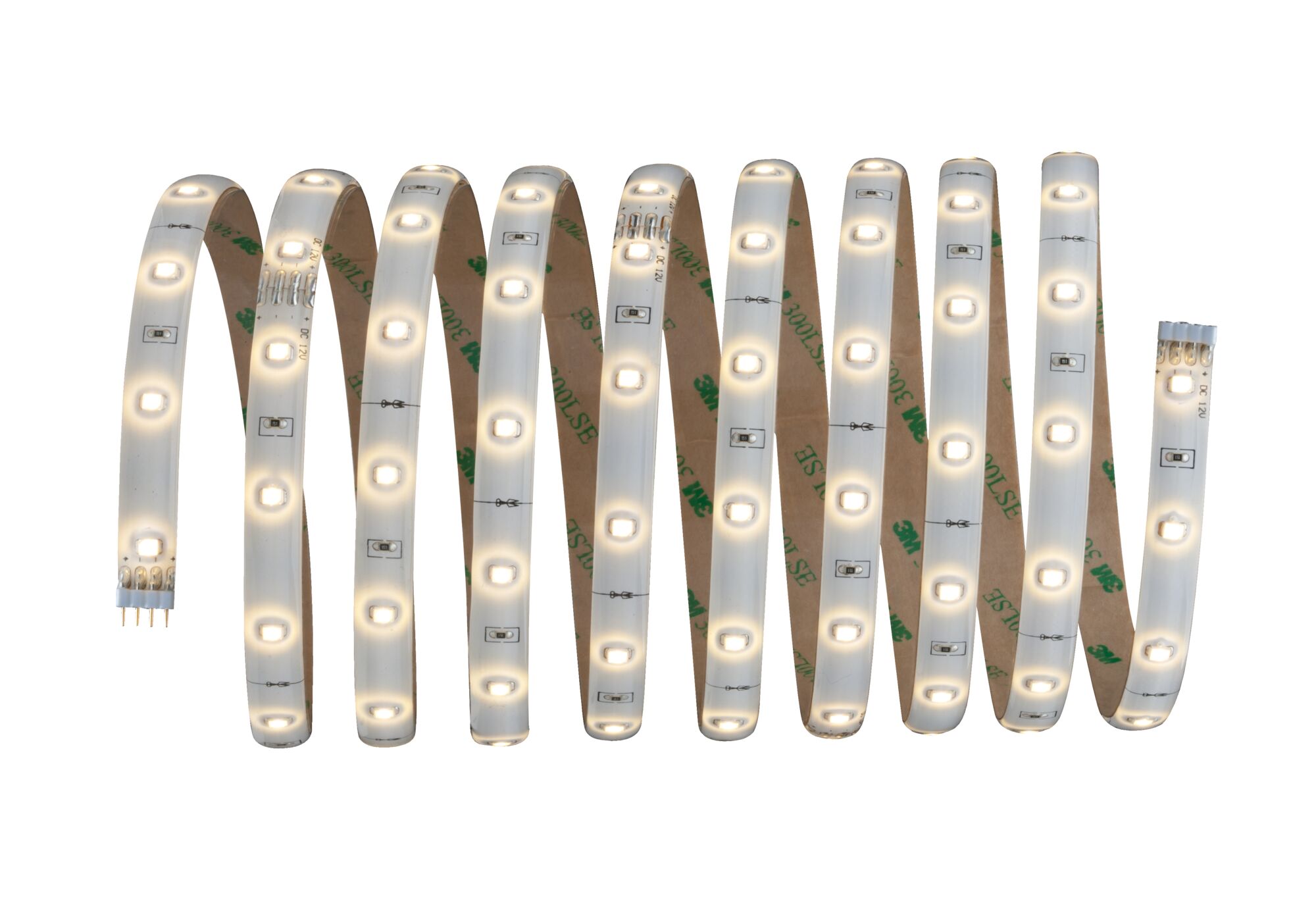 Flexibler LED-Lichtstreifen mit warmweißen LEDs und selbstklebender Rückseite für vielseitige Beleuchtung.