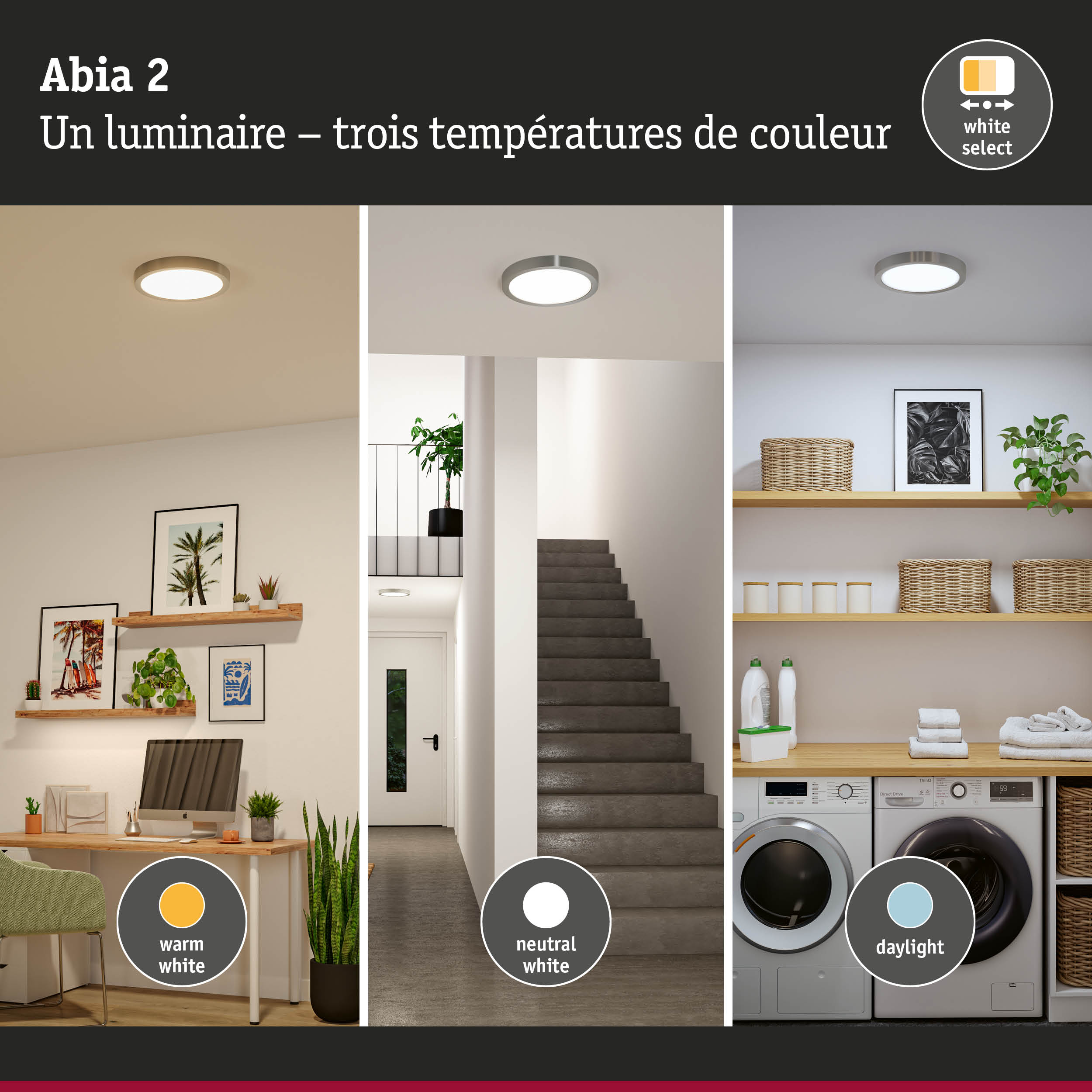 Plafonnier Abia 2 avec trois températures de couleur réglables en blanc chaud, blanc neutre et lumière du jour